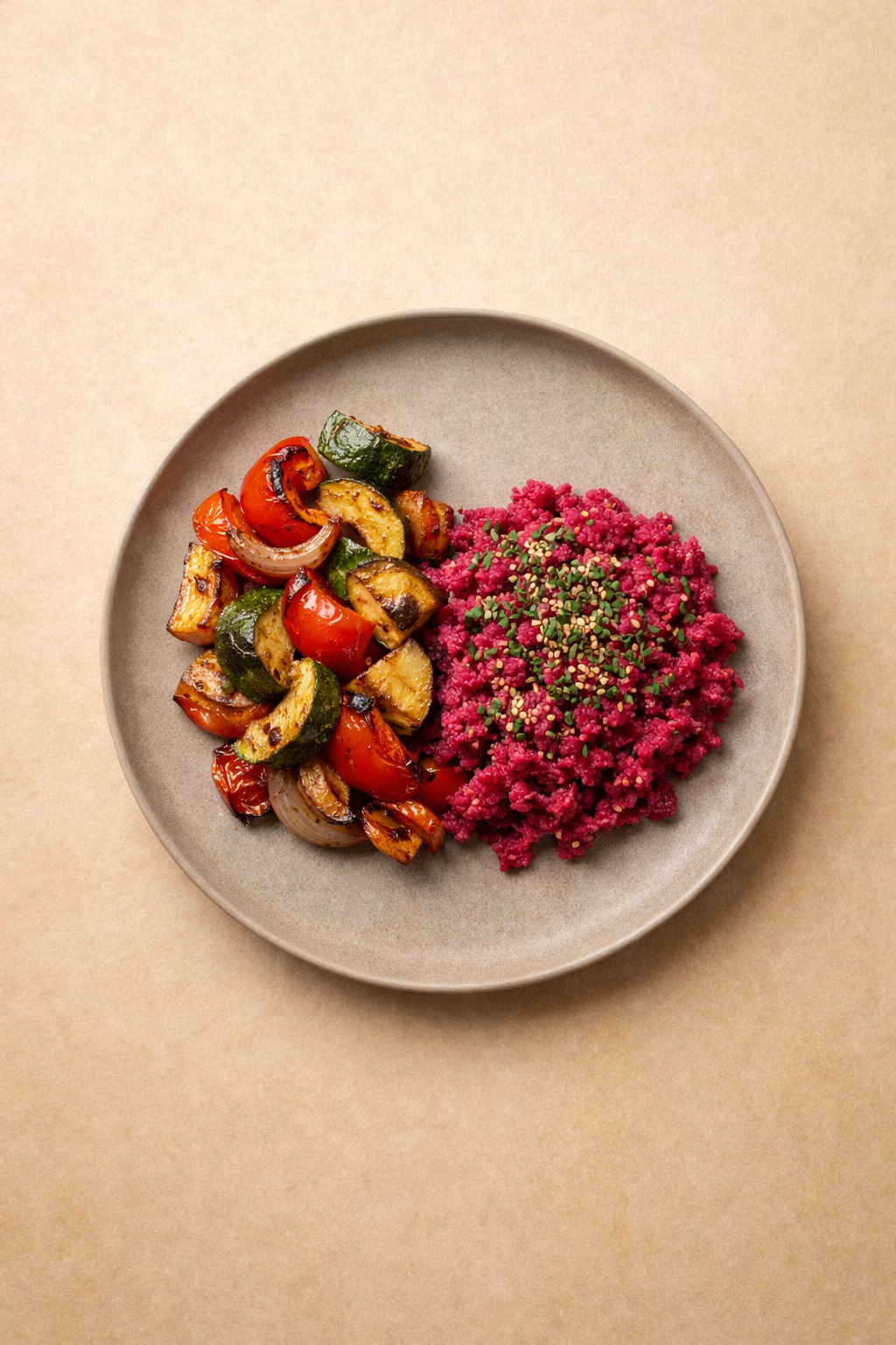 Rote-Bete Bulgur mit geröstetem Ofengemüse