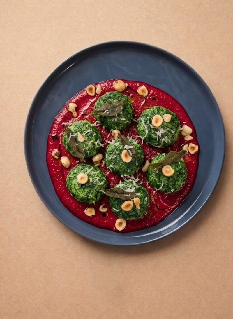Spinat Knödel auf Rote-Bete Sauce